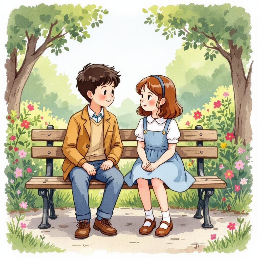 Whimsical Illustration of Children on a Bench in Lush Greene...