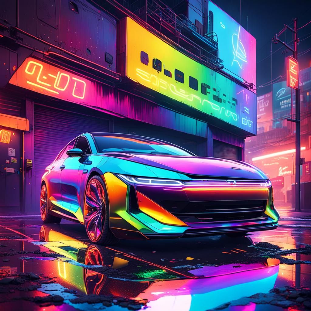 Neon-Lit Car in Dark Alleyway Concept Art
