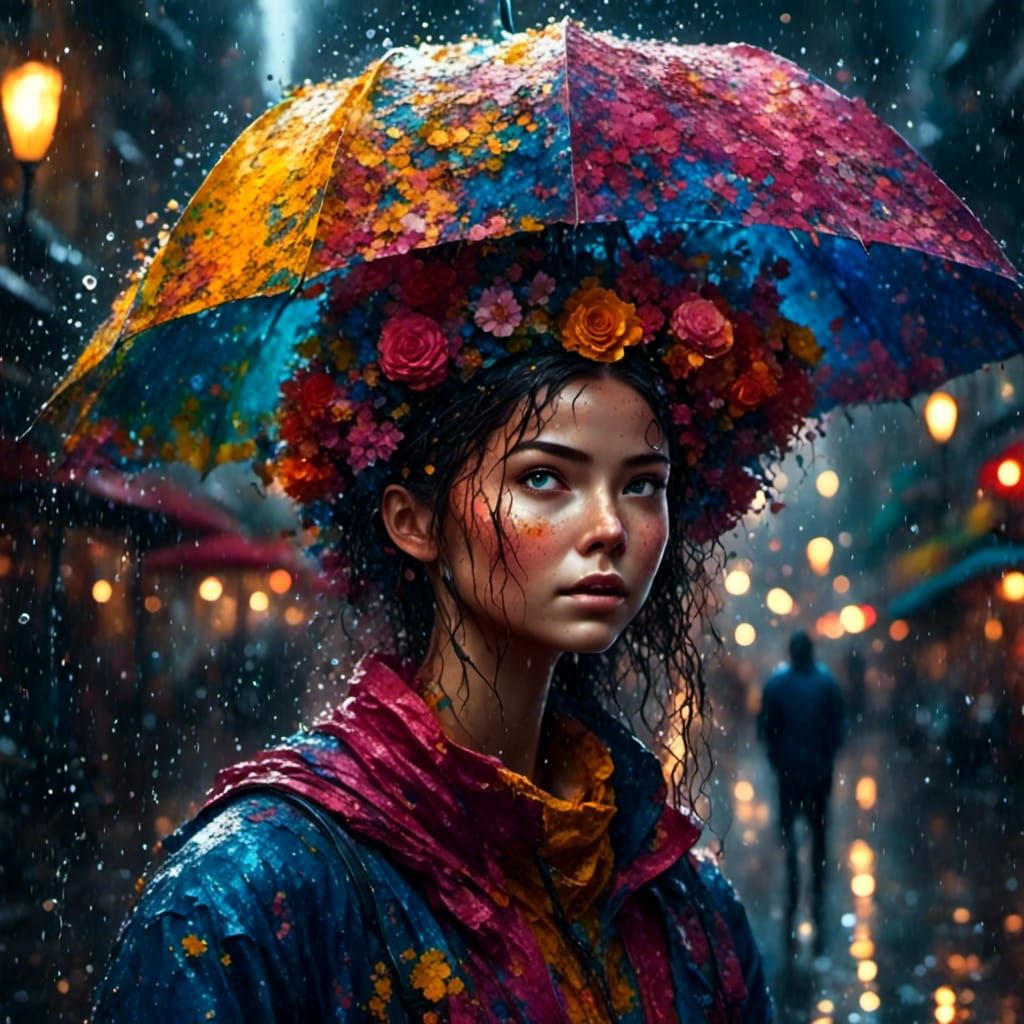 Girl with Flowers in Rain, Splash Art Style