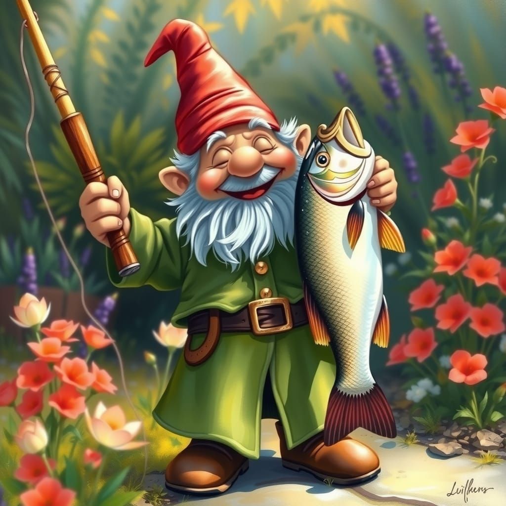 Happy Gnome Catches Giant Fish in Impressionist Garden