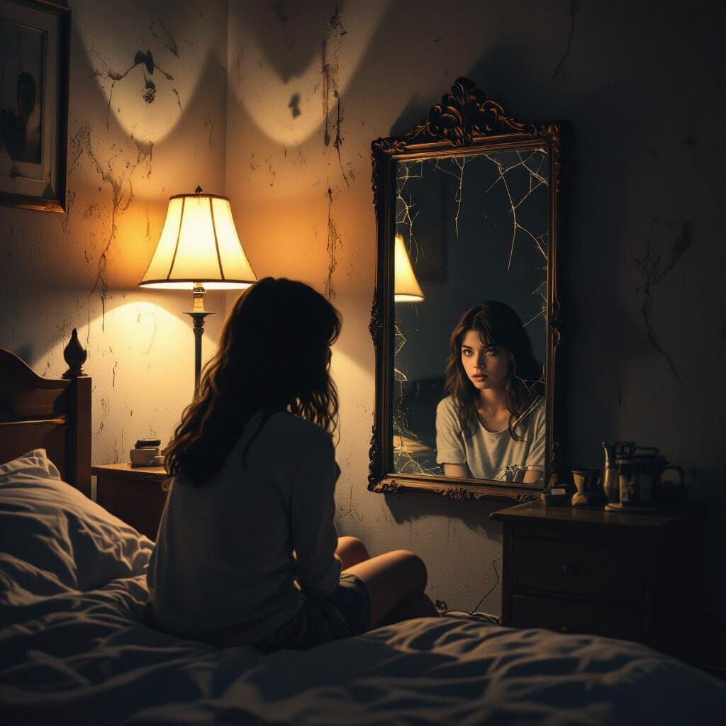 Eerie Woman in Dimly Lit Room Gazing into Mirror