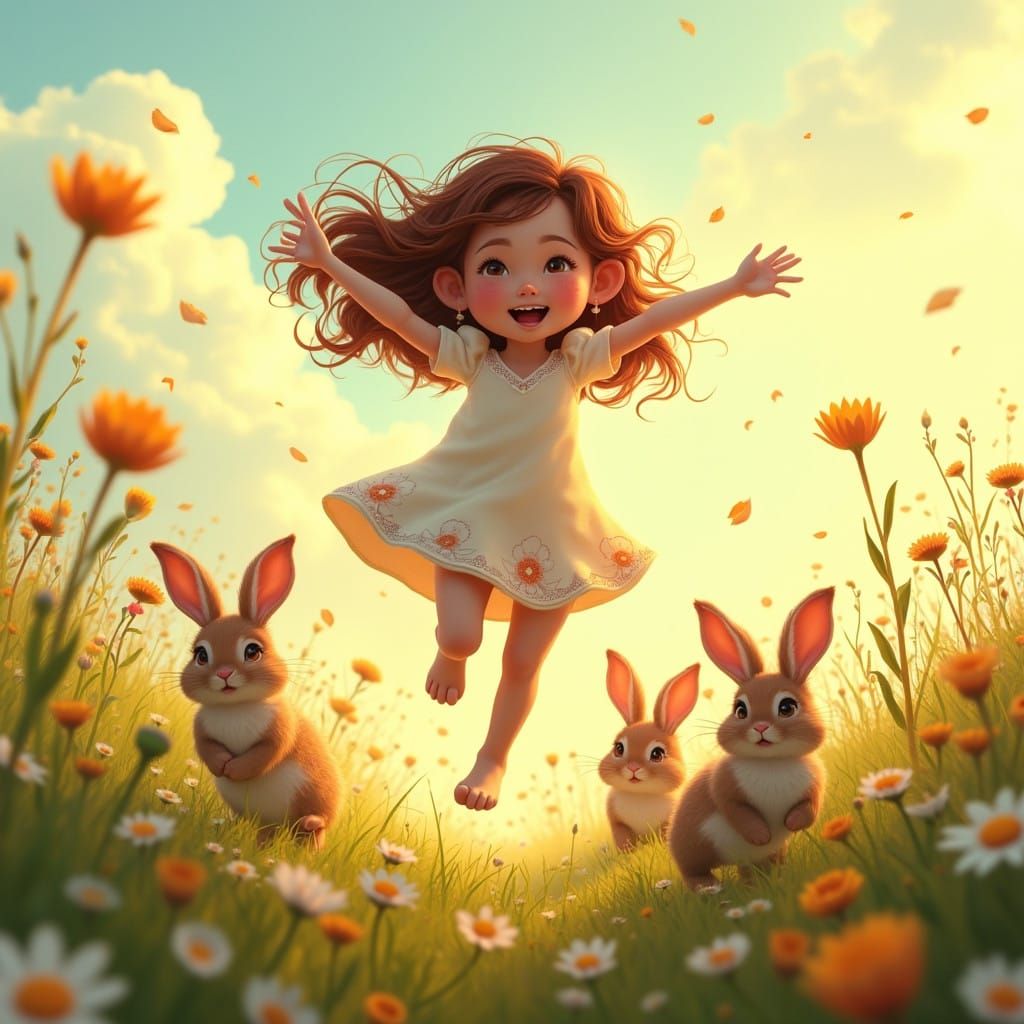 Radiant Girl Leaps Through Vibrant Field of Flowers