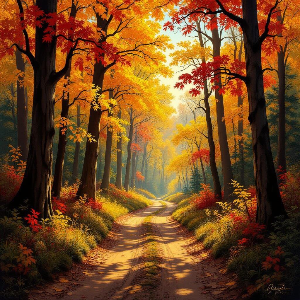 Vibrant Autumn Forest Trail in Painterly Style