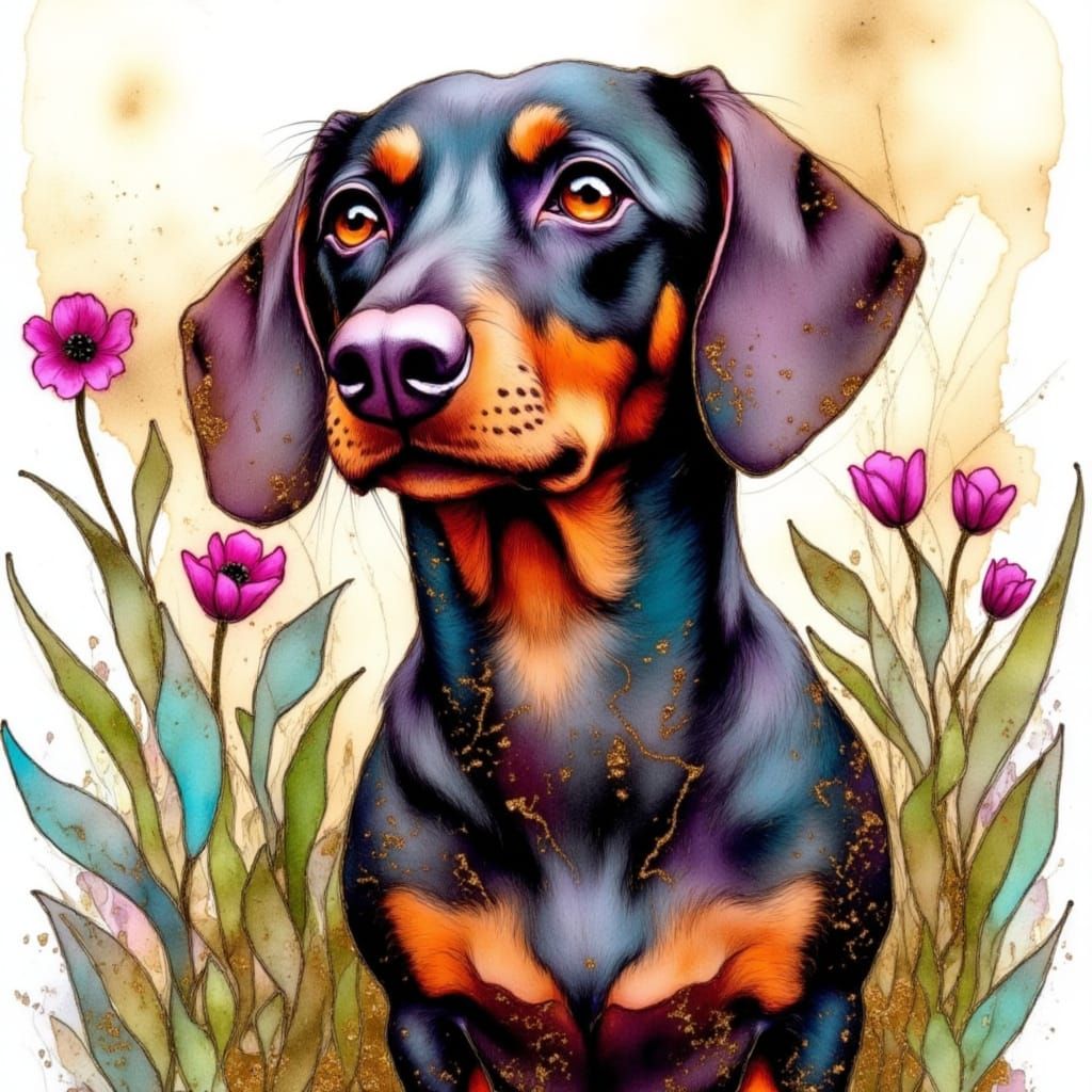 Impressionist Dachshund in Spring Garden with Gold Veins