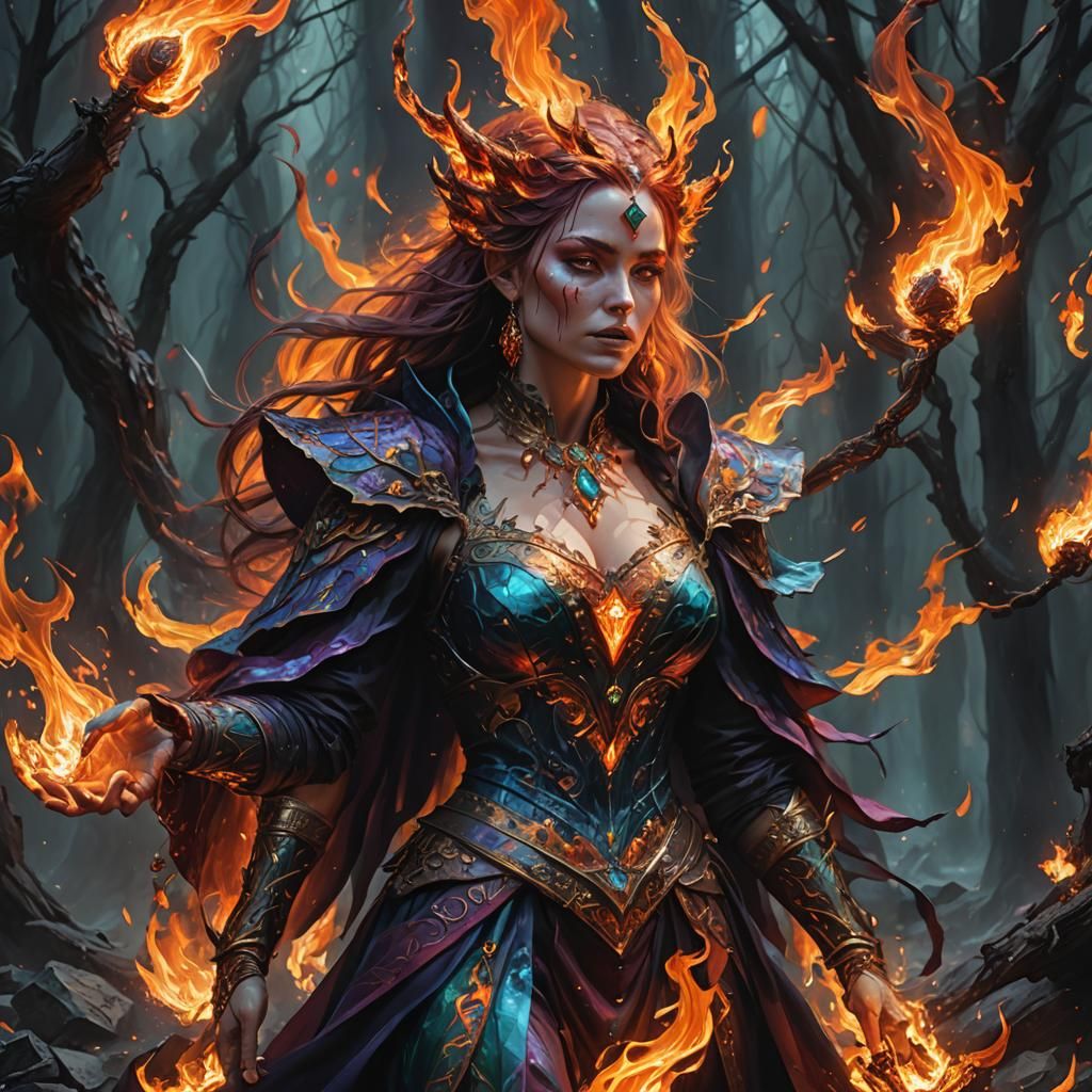 Ethereal Fire Sorceress in Dark Fantasy Oil Painting