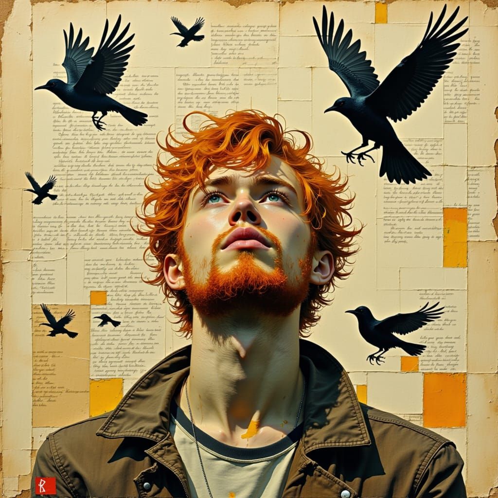 Ginger Man Surrounded by Birds in Impasto Style
