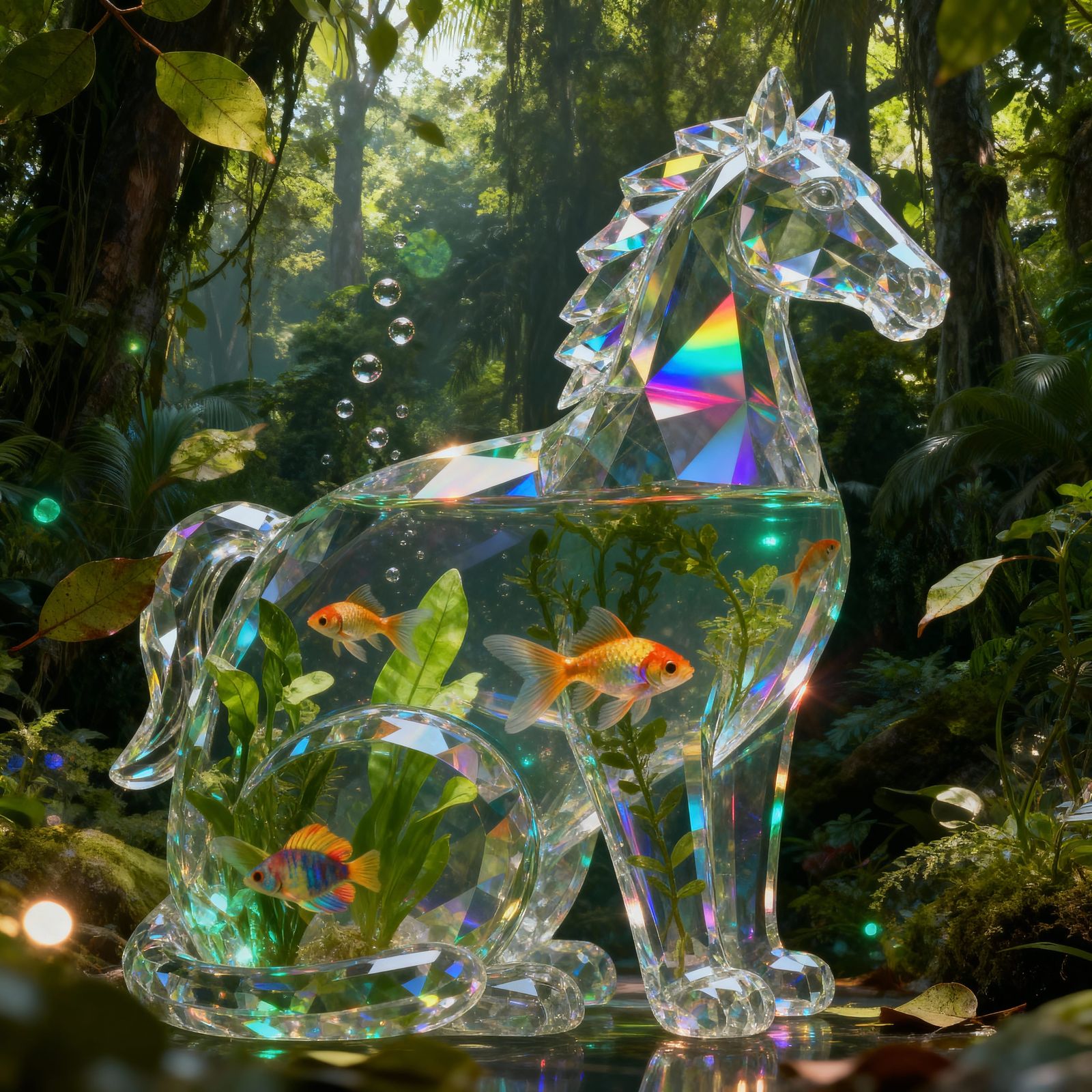 Crystal Horse Aquarium with Tropical Forest Background