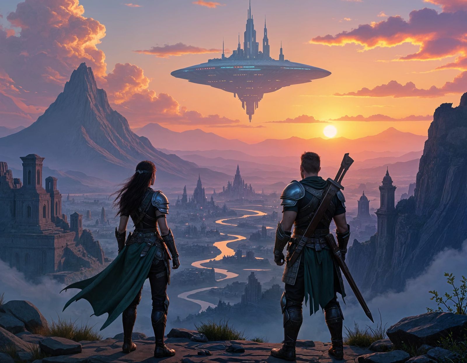 Futuristic City Floats Above Ancient Ruins at Sunset