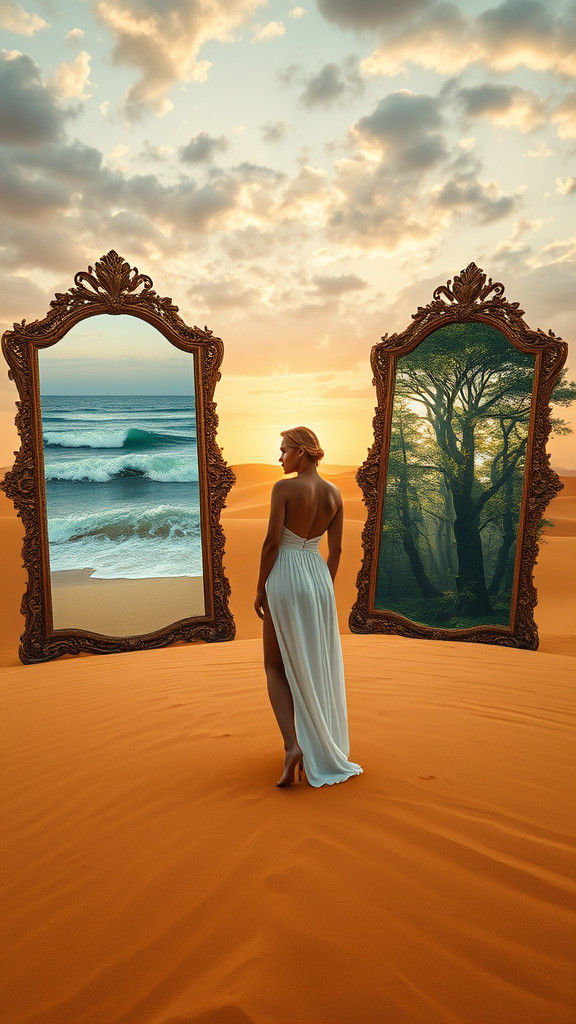 Surreal Desert Scene with Mirrored Landscapes