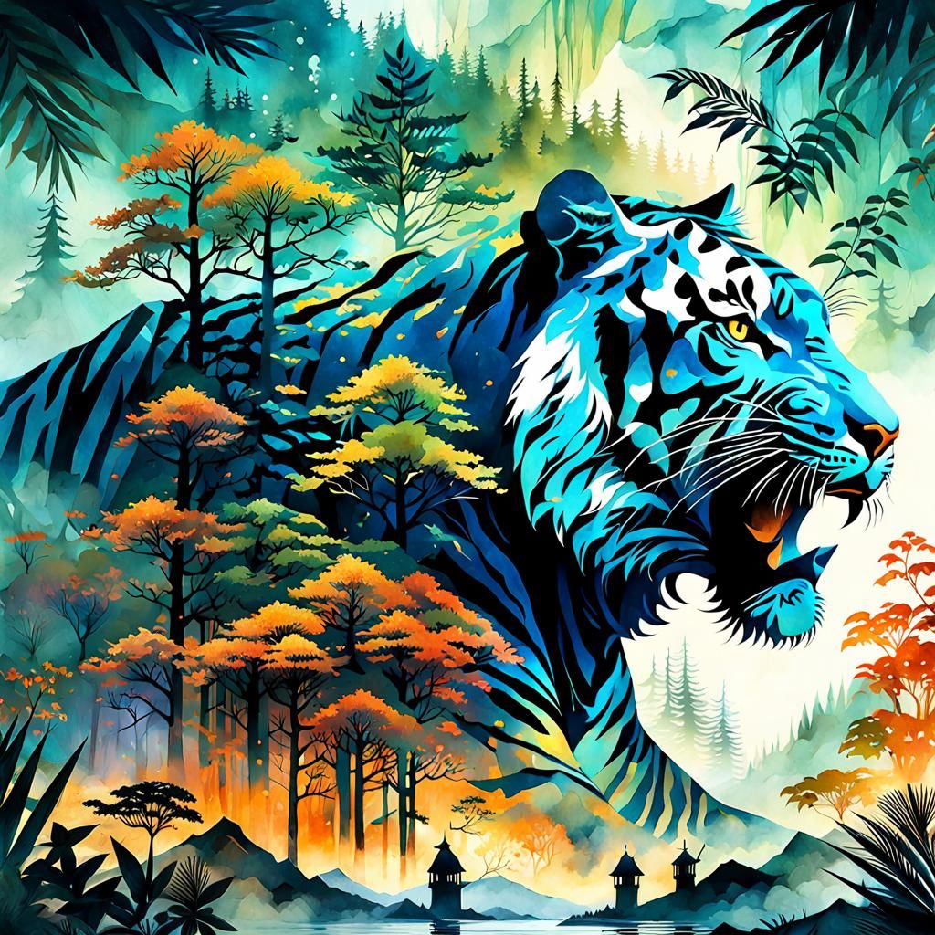 Misty Tiger Silhouette: Watercolor Double Exposure