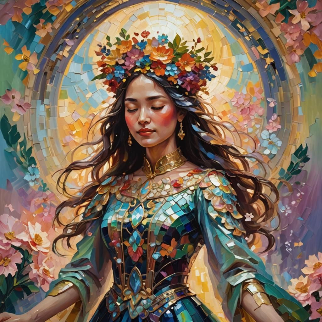 Woman Surrounded by Flowers in Neo-Impressionism Style