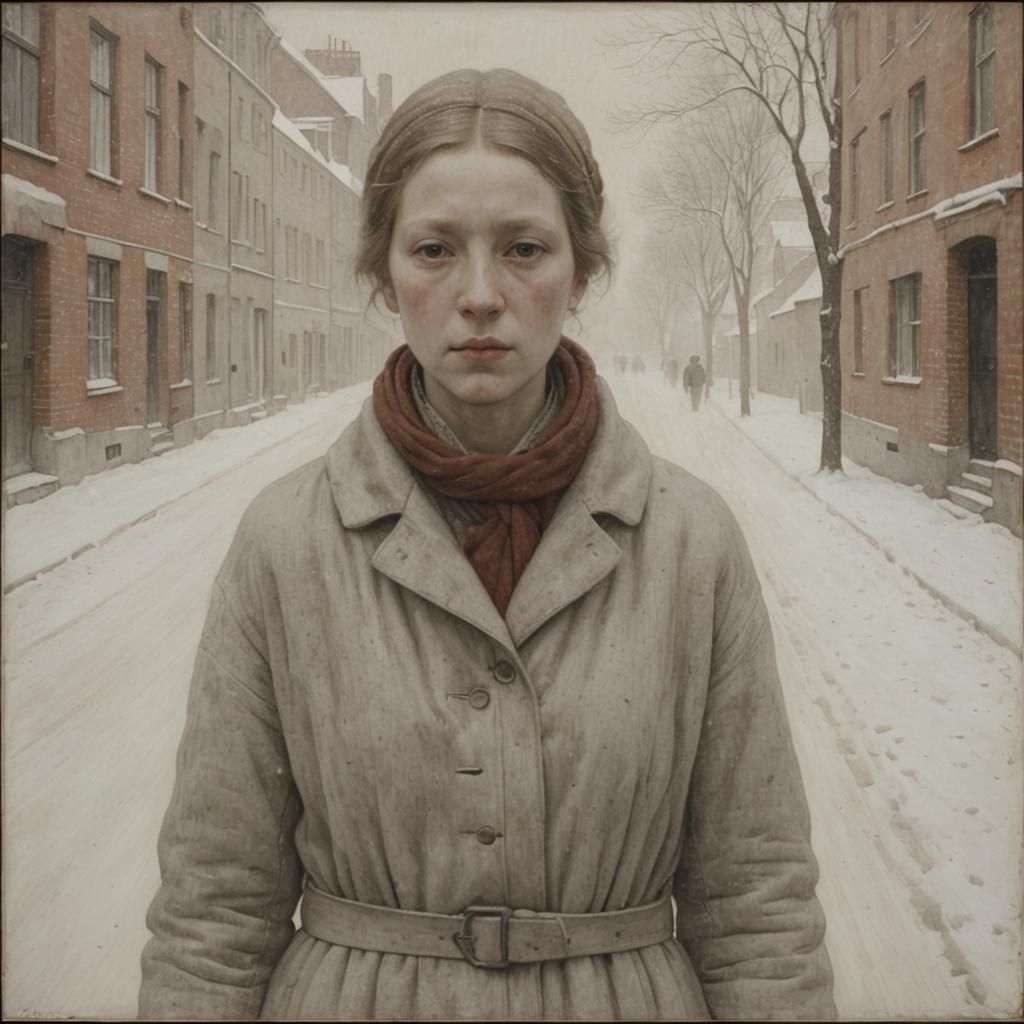 Woman on Snowy Street in Silverpoint Style
