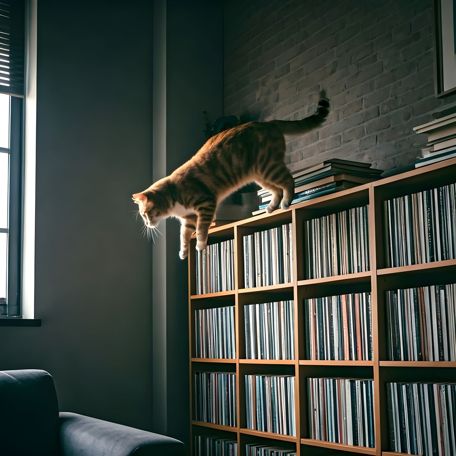 Cat Leaps from Upscale Loft Bookshelf