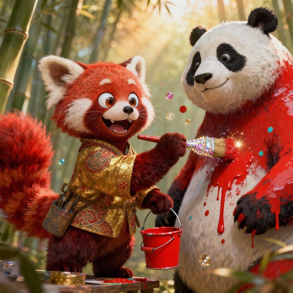 Whimsical Red Panda Paints Giant Panda Red in Rackham Style