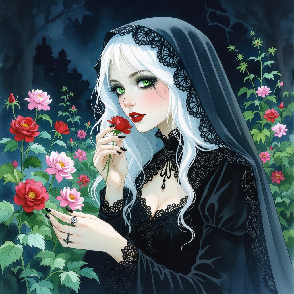 Gothic Woman in Poison Garden at Night, Watercolor Style