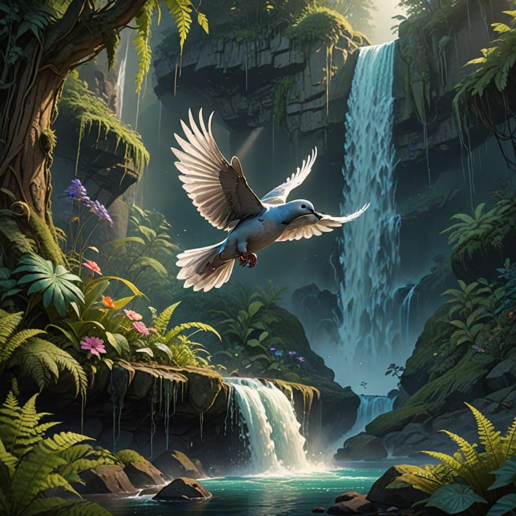Majestic Dove Soars Past Lush Waterfall in Vibrant Fantasy S...