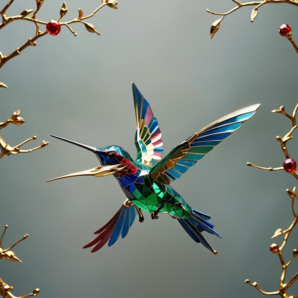 Glass Hummingbird Figurine in Art Nouveau Style