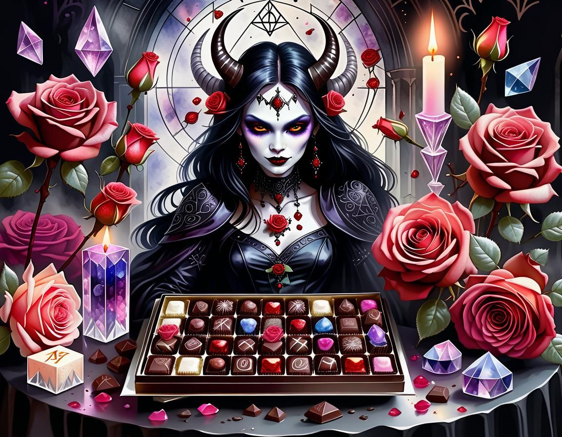 Gothic Watercolor: Chocolates, Roses and Demoness