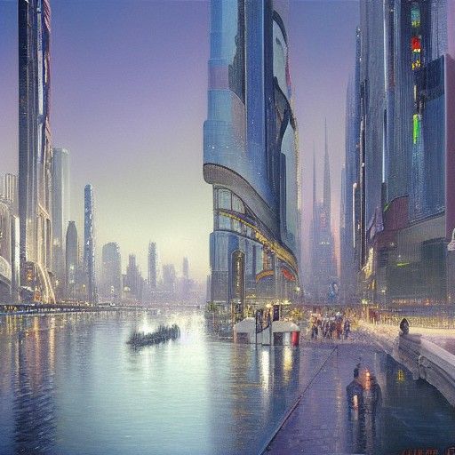 Futuristic Cityscape in Oil Painting Style