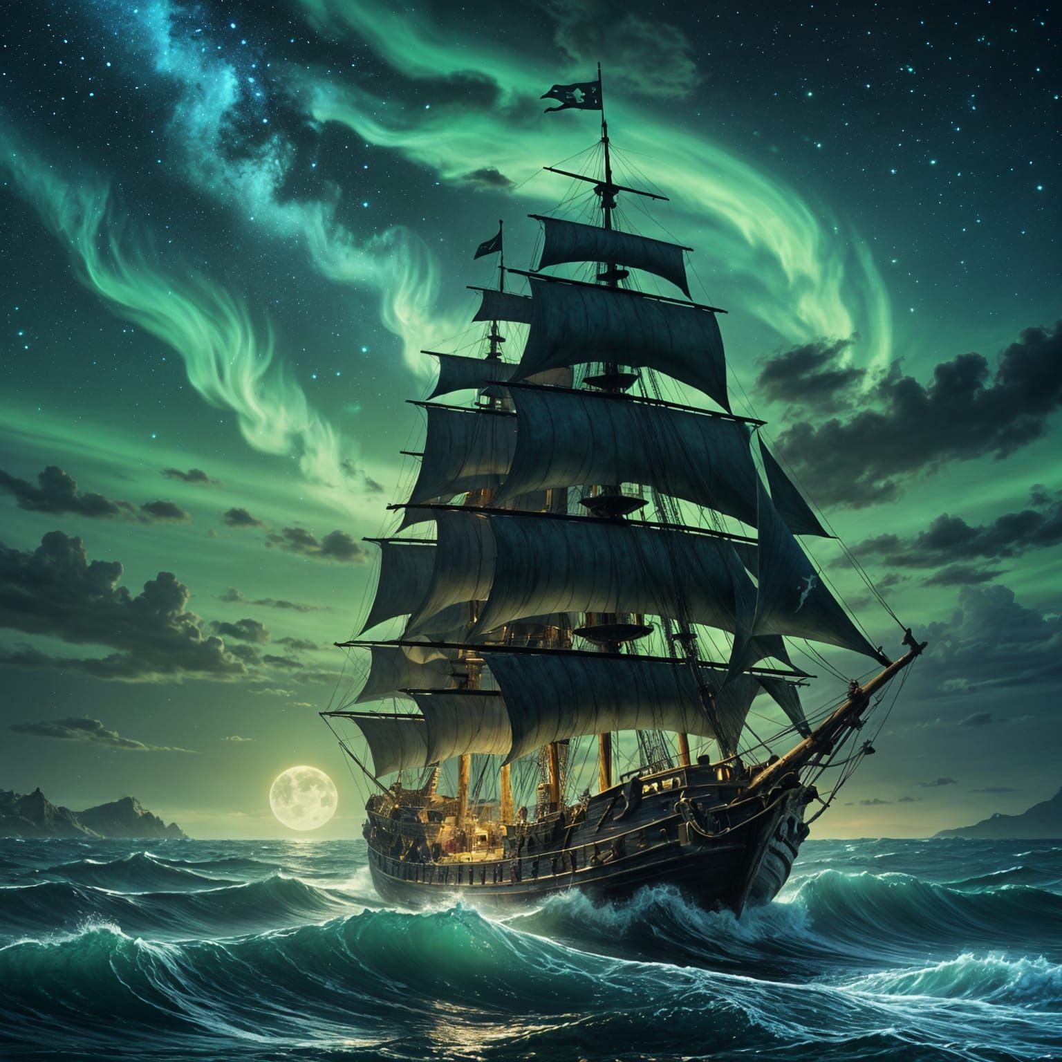 Bioluminescent Pirate Ship on Dark Sea