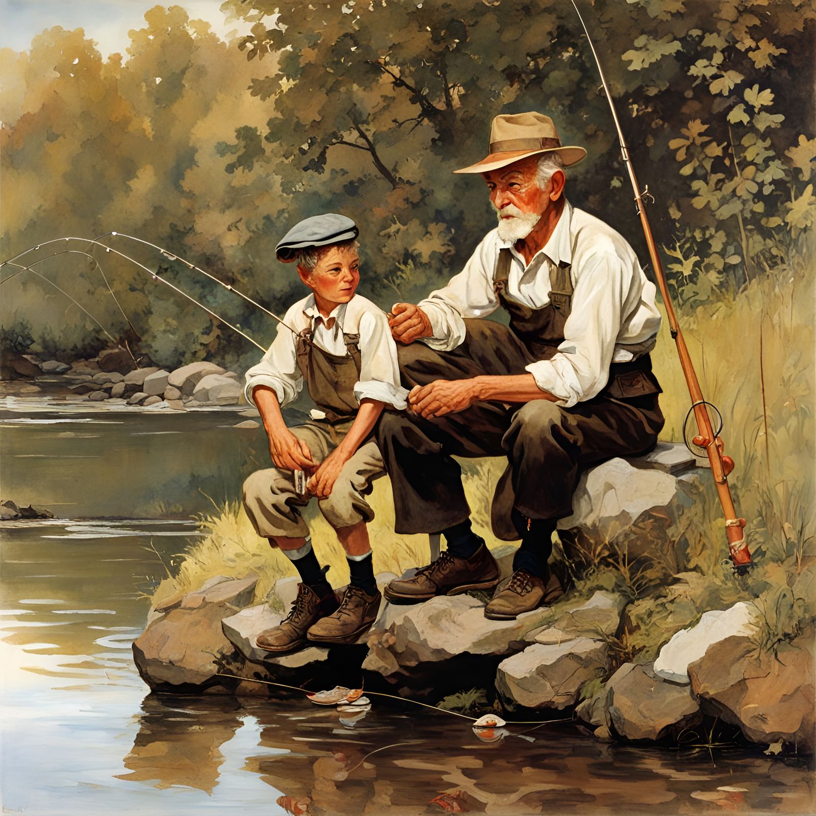 Boy and Grandfather Fishing, Rockwell Style Illustration
