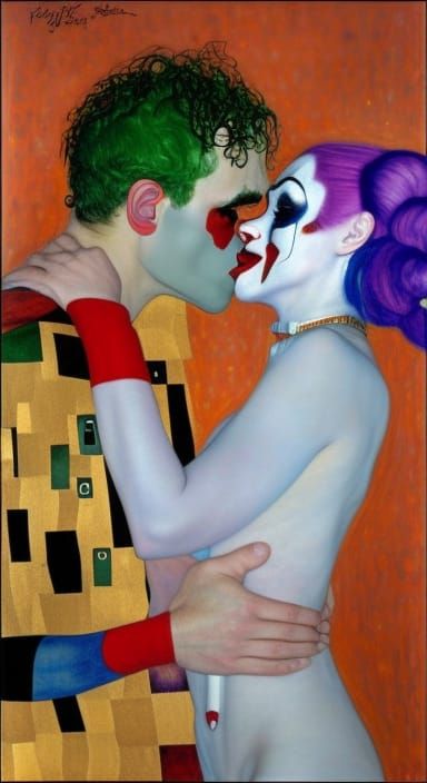 Harley Quinn and Joker Kissing in Klimt Style