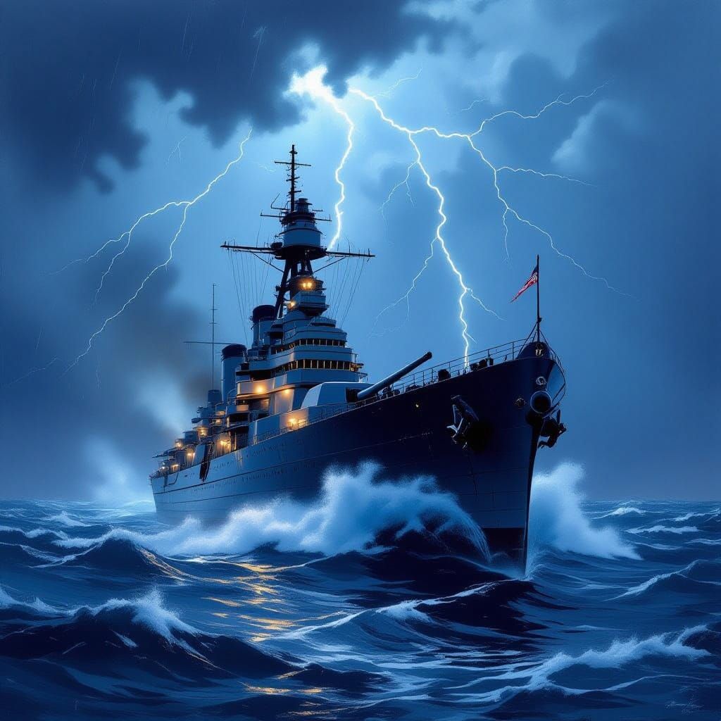 USS Washington Battleship in Stormy Seas
