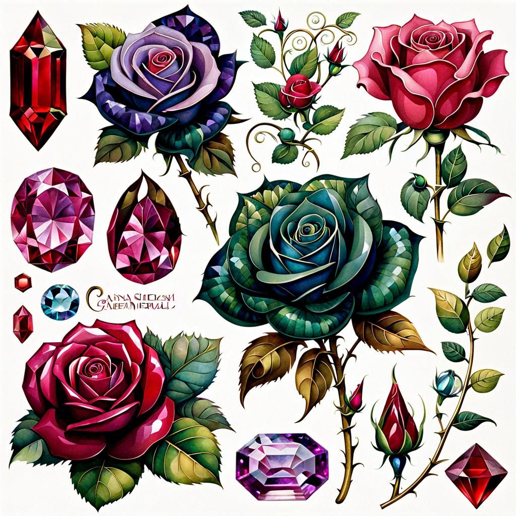 Gemstone Rose Sticker Sheet in Watercolor Style
