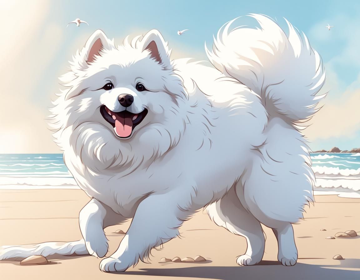 Cute Anime Samoyed Dog at the Beach