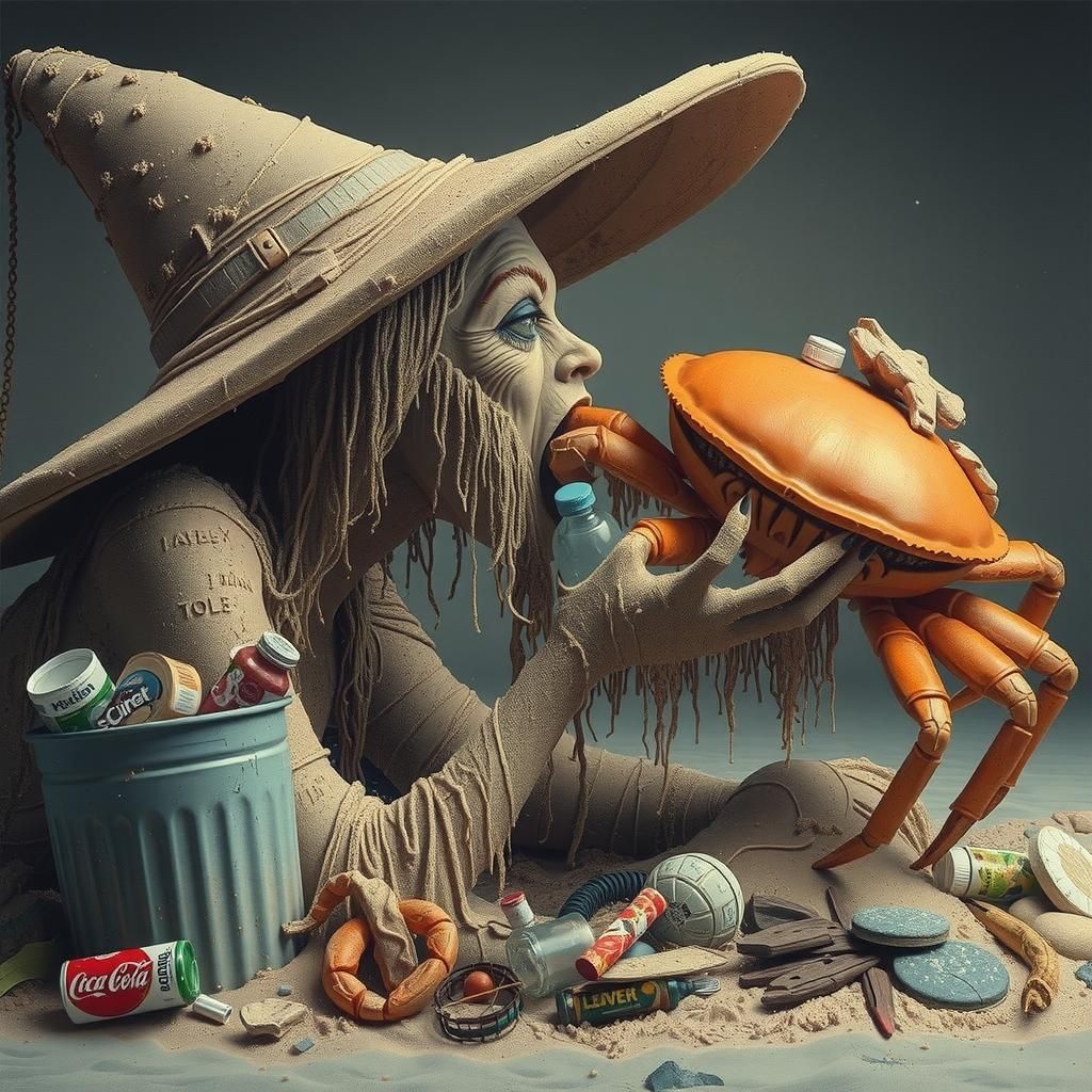 Sand Witch Consuming Crab Sculpture