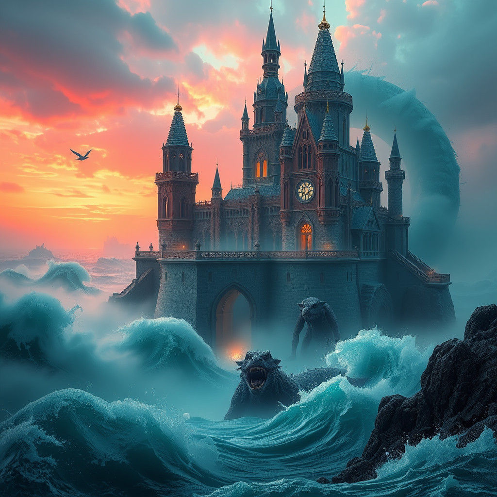 Mystical Castle with Monster in Dramatic Lighting