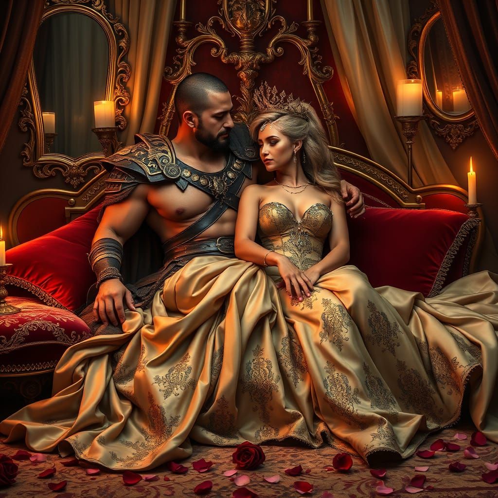 Godlike Warrior-King and Queen in Lavish, Opulent Setting