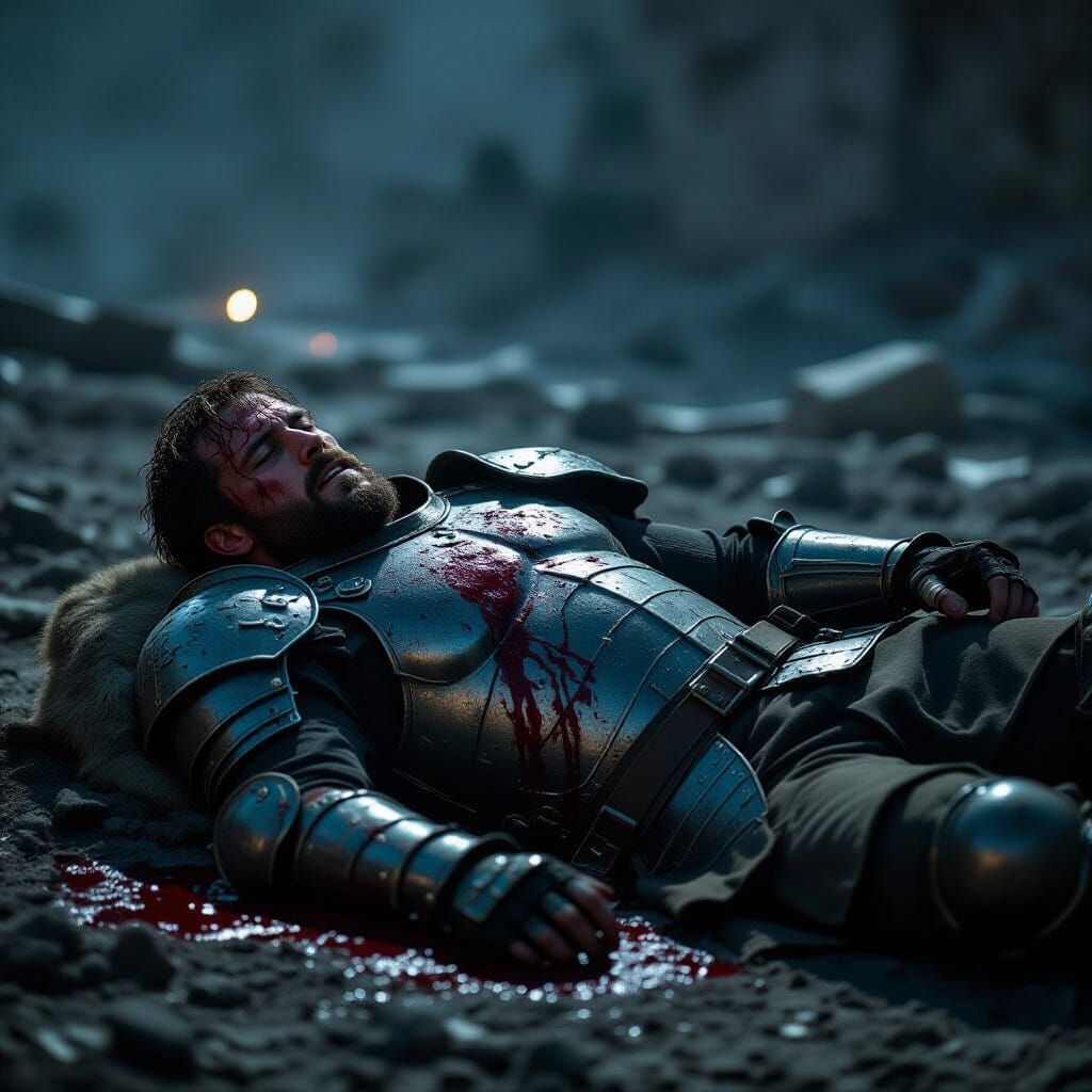 Wounded Warrior on Desolate Battlefield: Cinematic Film Stil...