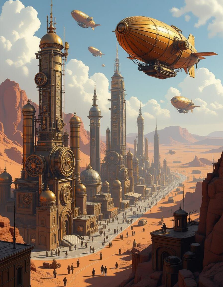 Steampunk Metropolis Emerges from Desert Landscape