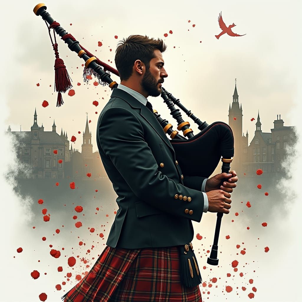 Scottish Bagpiper in Edinburgh: Double Exposure Style