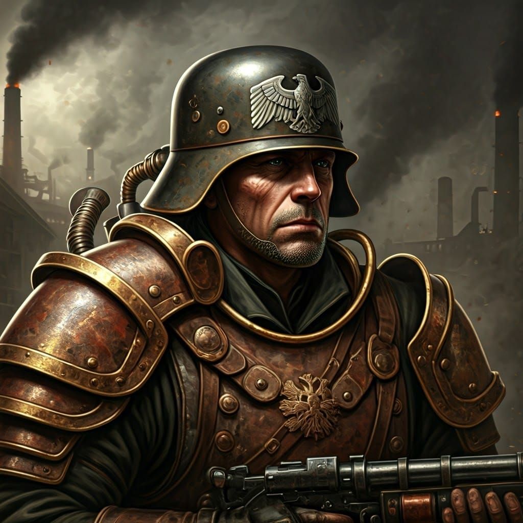 Dieselpunk Soldier in German Helmet Amidst Industrial Ruins