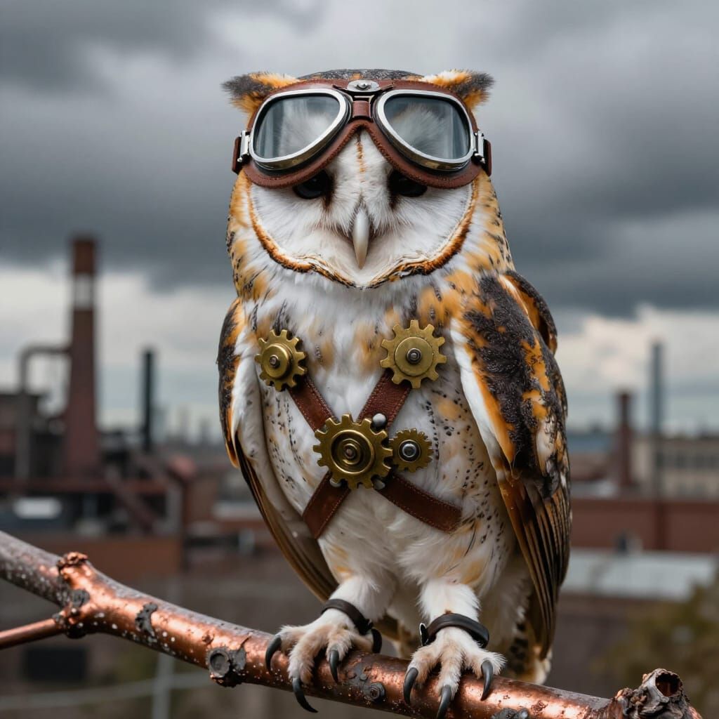 Steampunk Barn Owl in Industrial Cityscape