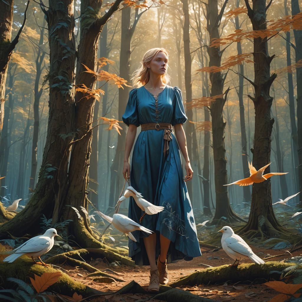 Mystical Forest Scene with Girl and Bird
