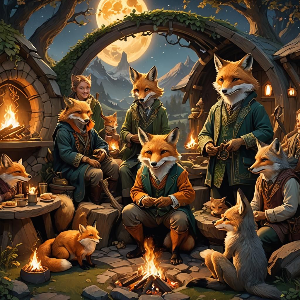 Fox in Celtic Suit with Hobbit Family