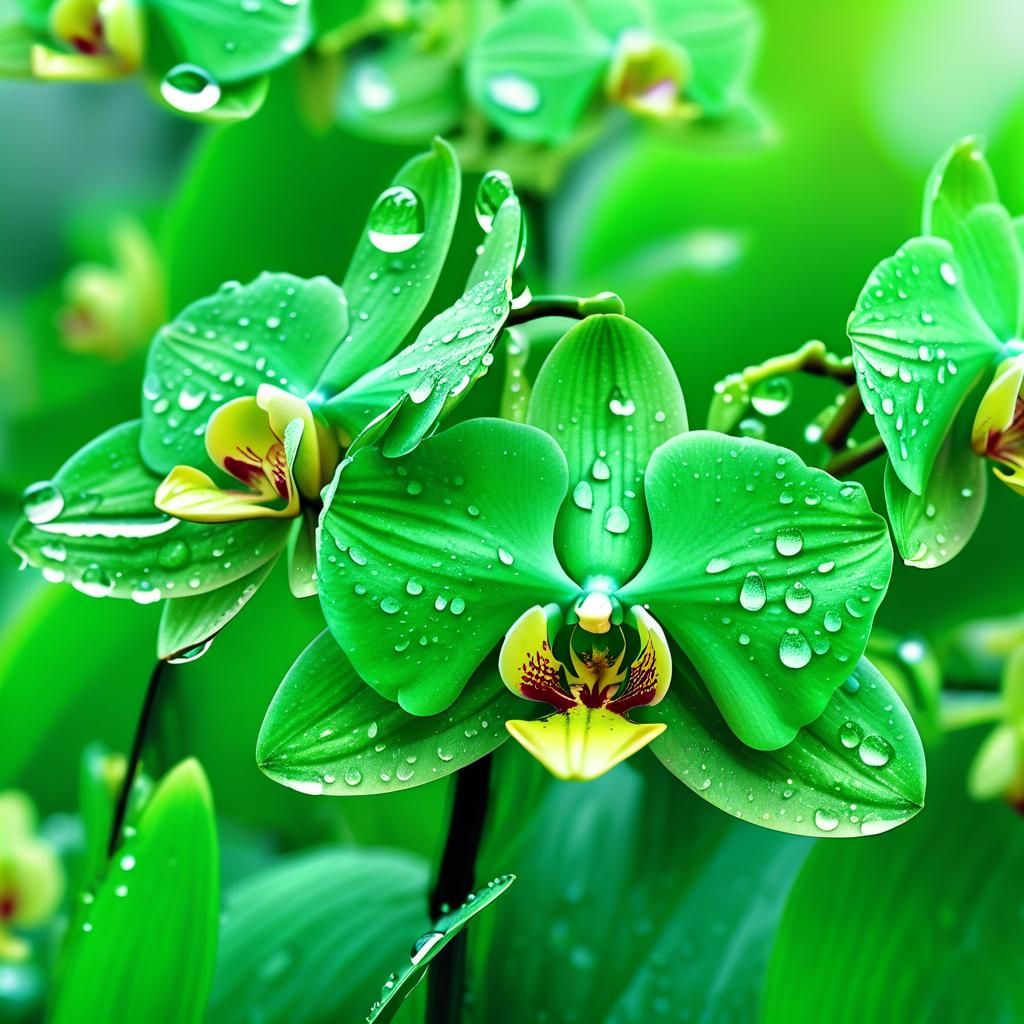 Green Orchids with Waterdrops: Macro Photography