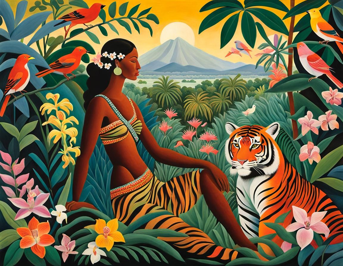 Woman with Flute in Rousseau-Inspired Dreamscape