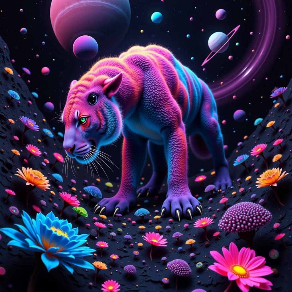 Rainbow Sabertooth Tiger in Surreal Astral Landscape
