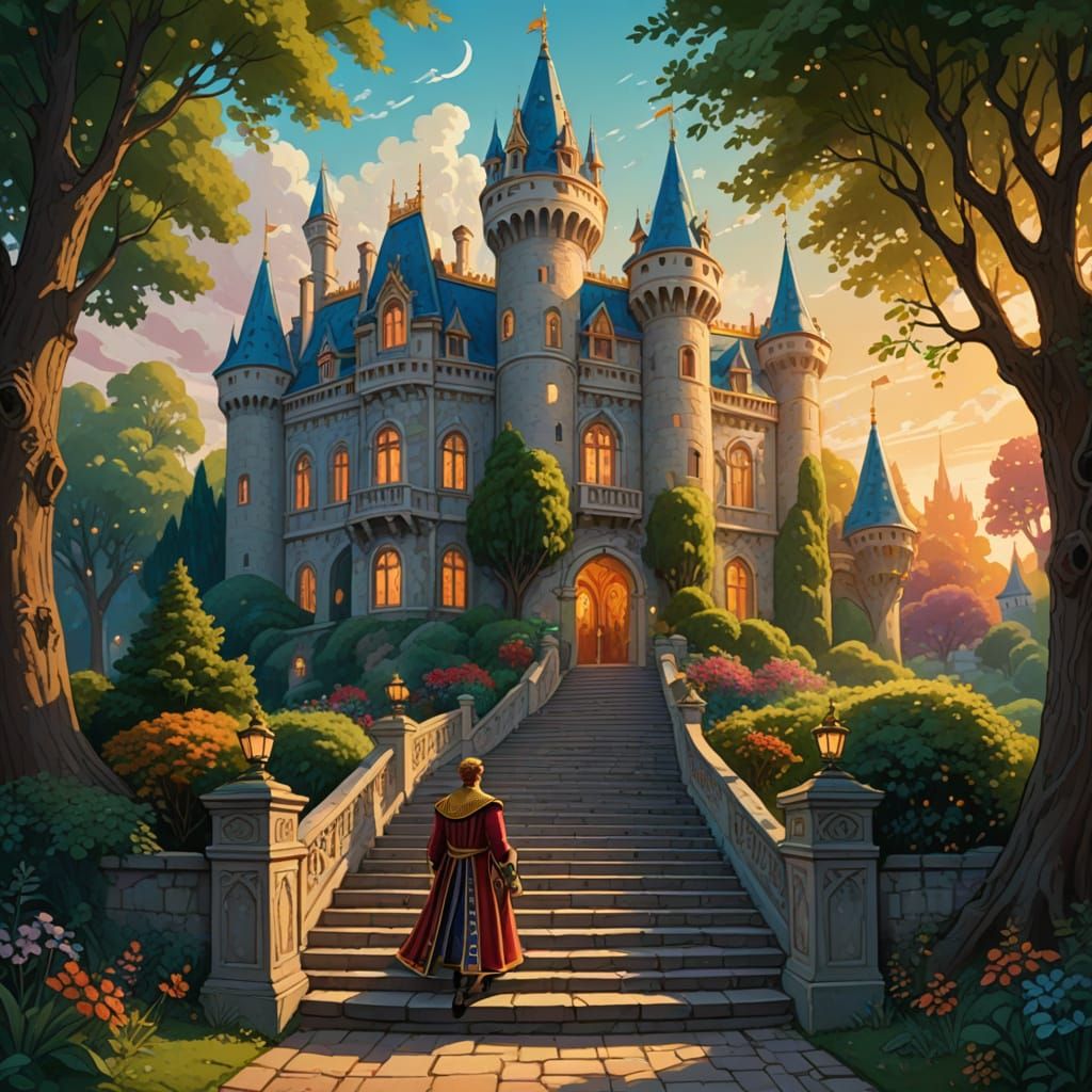 Whimsical Prince Approaches Royal Palace at Sunset