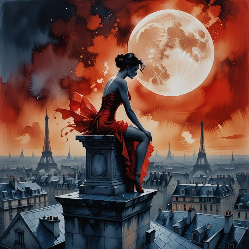 Dancer's Midnight Descent in Parisian Rooftop Glow