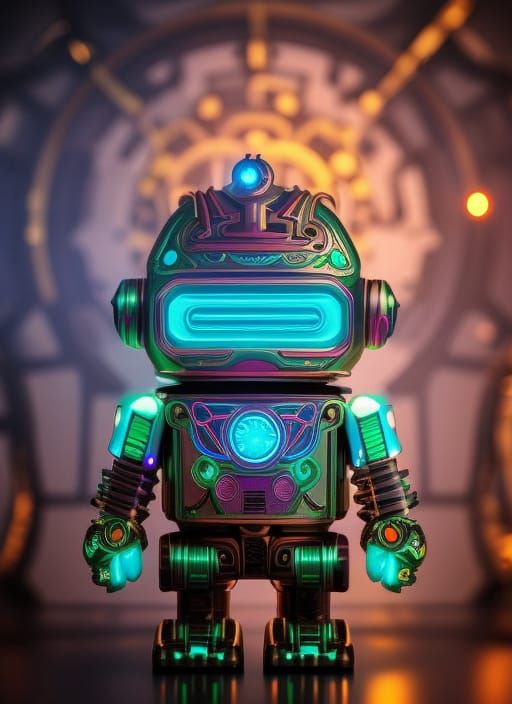 Steampunk Neon Robot in 3D with Cosmic Elements