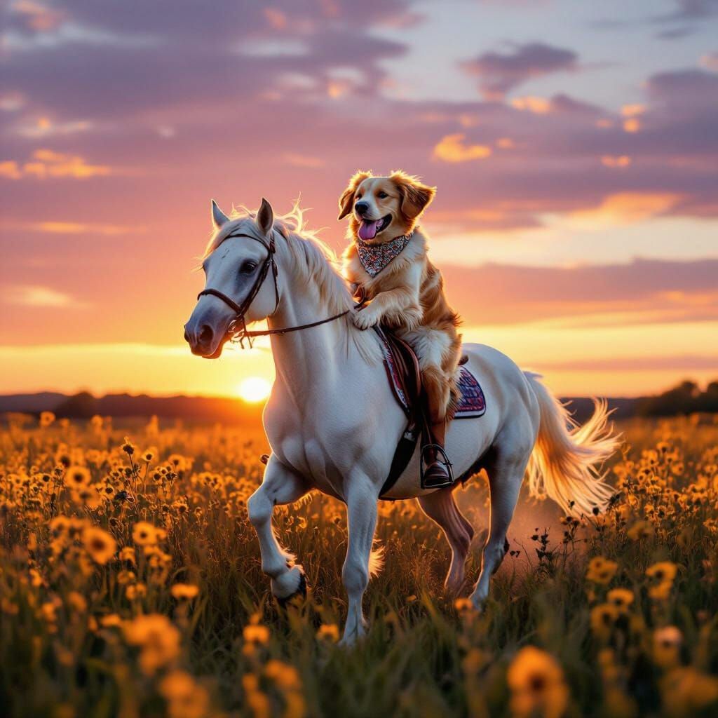 Dog Rides Horse Through Golden Field at Sunset