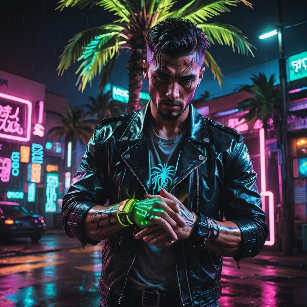Cyberpunk Arm Tattoo in Neon Dystopian Style