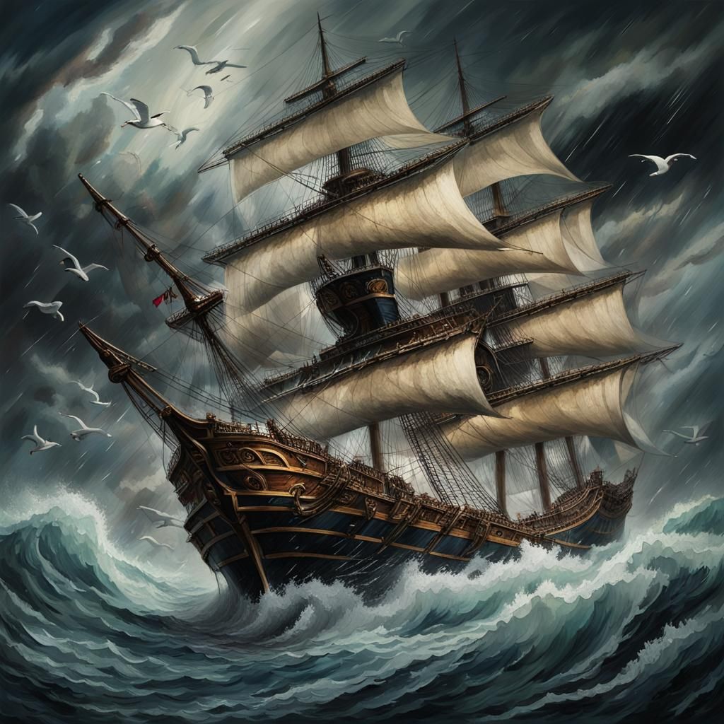 Ship Adrift: Stormy Seas Matte Painting