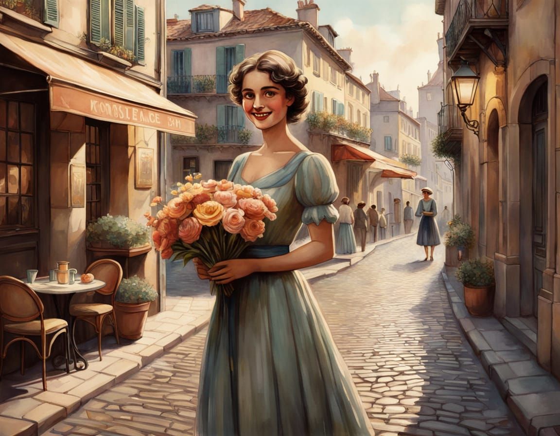 Romantic Flower Seller in Mediterranean Village