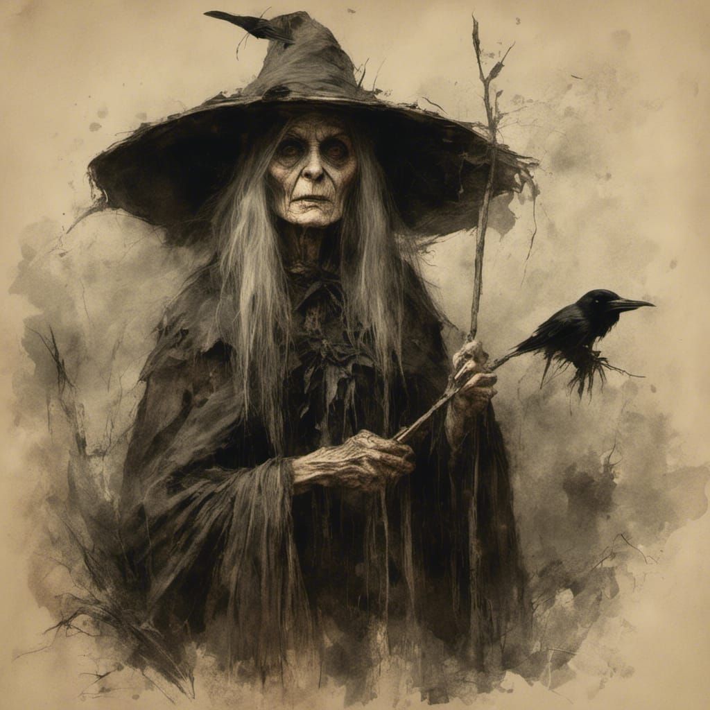 Witch's Macabre Transformation with Crows